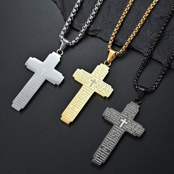 Stainless Steel Our Father Lord's Prayer Cross Pendant Necklace for Women Men Ch - Picture 5 of 6